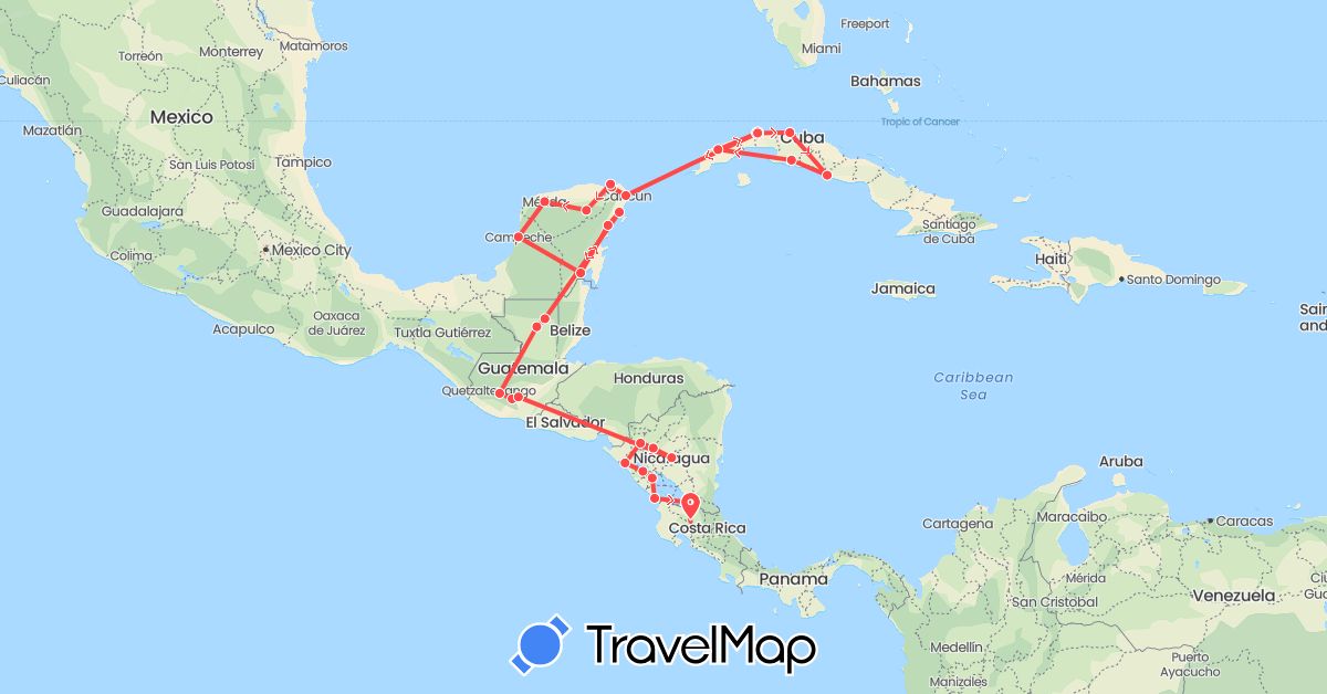 TravelMap itinerary: driving, hiking in Costa Rica, Cuba, Guatemala, Mexico, Nicaragua (North America)